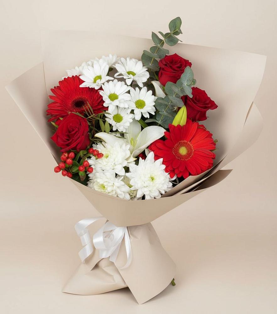 Букет цветов из: Розы, Хризантемы, Герберы и Лилии в Усть-Катаве
