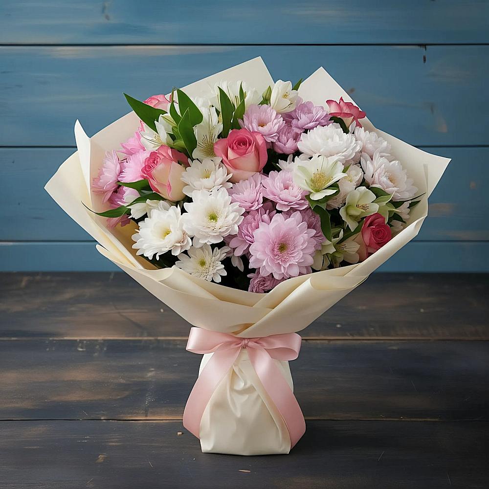 Букет цветов из: Хризантемы, Альстромерии и Розы в Усть-Катаве